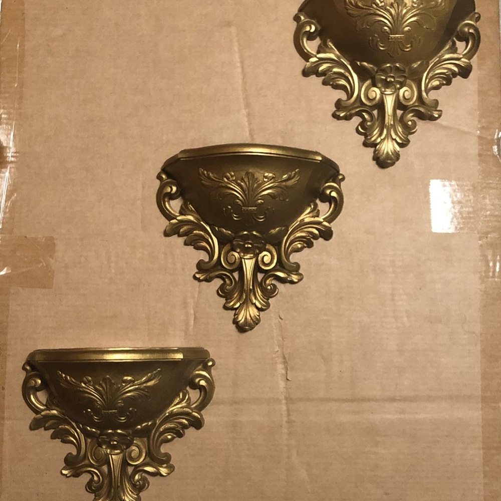 Homco Antique 1978 Set Of 3 Gold Wall Shelf Sconces  Wall Decor Made in USA